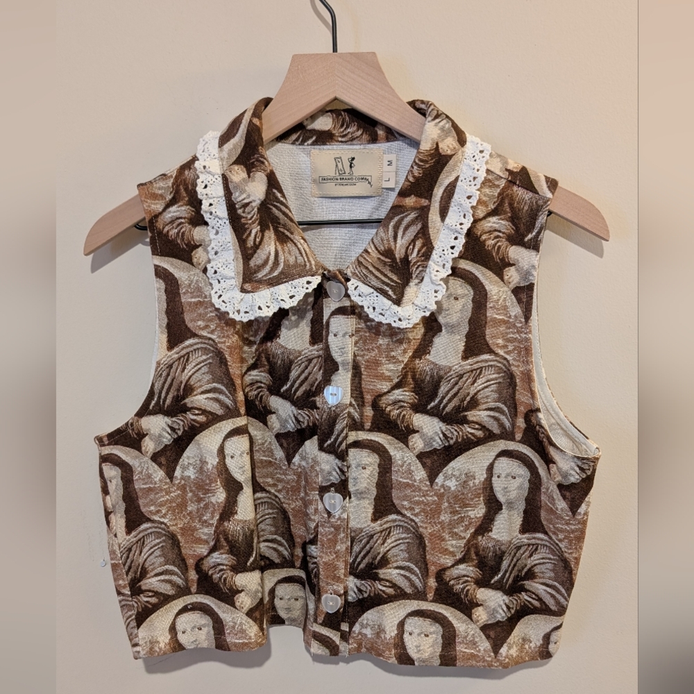 Fashion Brand Company Linen Mona Lisa Button Up Blouse w/ Lace Collar - Size M/L